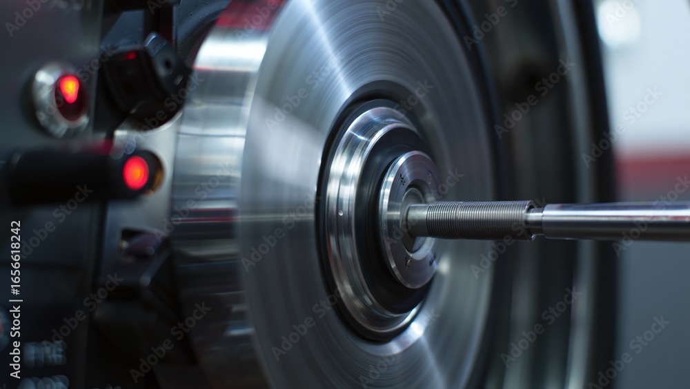Fototapeta premium Metal Lathe Machine in Motion Processing Steel with Precision Engineering Manufacturing Technology Equipment and Red Indicator Lights