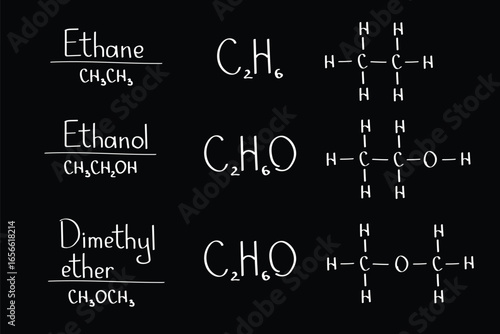 Organic Compounds Ethane, Ethanol, Dimethyl Ether Structures for Chemistry and Fuel Research doodle hand draw