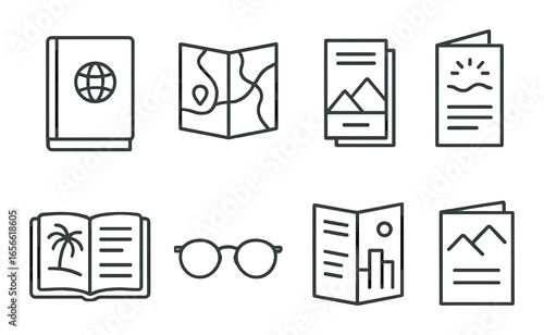 Set of travel icons: book, map, brochure, open book, glasses, chart, picture