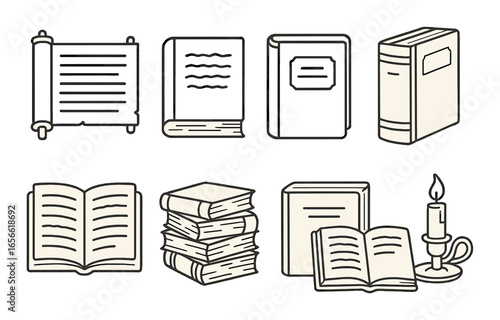 Vintage book and scroll illustrations with candlelight ambiance