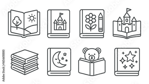 Child's dreamland books collection with castles, flowers, and teddy bears