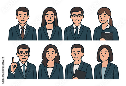 Illustrated business team meeting with seven asian adults in suits