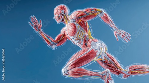 Anatomical illustration of a running man, showing muscles, bones, and tendons
