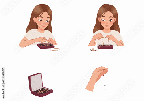 Woman with rosary engaging in mindful prayer or organizing religious beads for spiritual contemplation and inner peace.