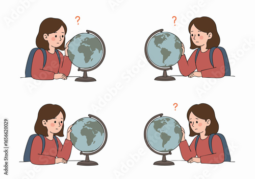 Young girl with backpack looking confused at a globe, symbolizing learning, geography, and global questions in education.