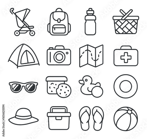 Summer camping essentials: icons of stroller, backpack, water bottle, and more