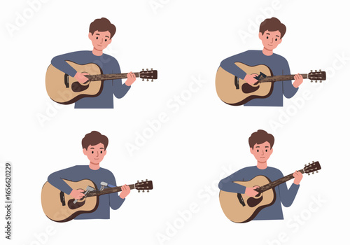 Young Man Playing and Tuning an Acoustic Guitar, Demonstrating Various Actions of a Guitarist on White Background
