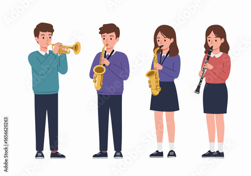 Young musicians playing various brass and woodwind instruments including trumpet, saxophones, and clarinet, ideal for music education or band concepts.