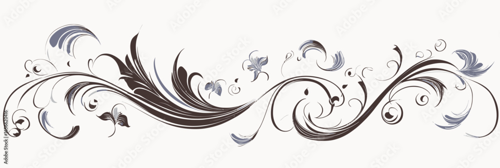 Elegant ornamental swirl design with delicate curls and floral motifs in minimalist monochrome decorative vector illustration for decorative use and wedding invitations Elegant ornamental swirl design with delicate curls and floral motifs in minimalist monochrome decorative vector illustration for decorative use and wedding invitations