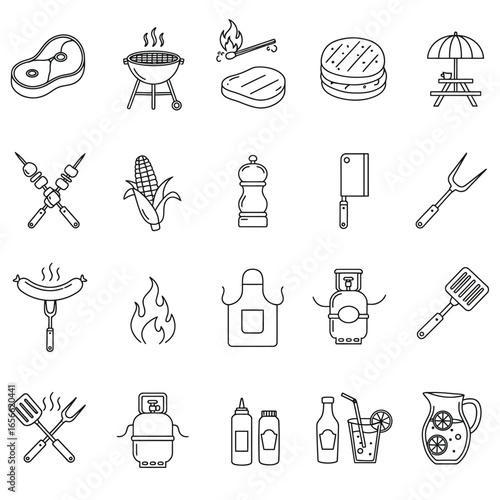 Collection of black and white line art icons for barbecue and grilling