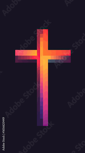 Abstract colorful glowing Christian cross with gradient pixel effect on dark background for religious faith and spirituality concept illustration vector