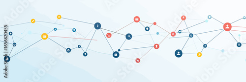Colorful network connections with user icons and communication symbols on light blue abstract technology background, social media concept