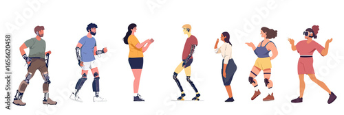 Diverse group of men and women with prosthetic legs and arms using advanced technology enabling mobility and daily activities in flat vector style