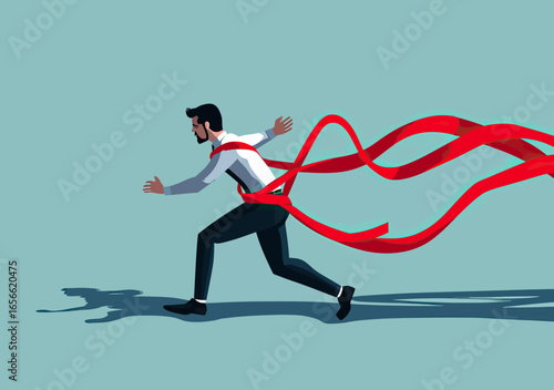Businessman running struggling with red ribbon tied around body symbolizing obstacles challenges and limitations in career success effort concept flat vector illustration