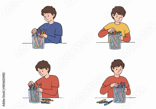 Young boy organizing and selecting various colored pens and pencils for creative activities or schoolwork on a clean white background.