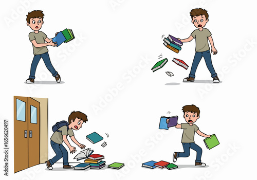A surprised student accidentally drops a pile of school books, depicting a moment of academic struggle, clumsiness, or an unexpected mishap.