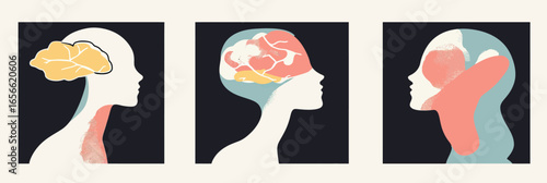 Abstract mental health concept with three female profiles highlighting brain, emotion, self acceptance, and personal growth in minimalist flat style vector