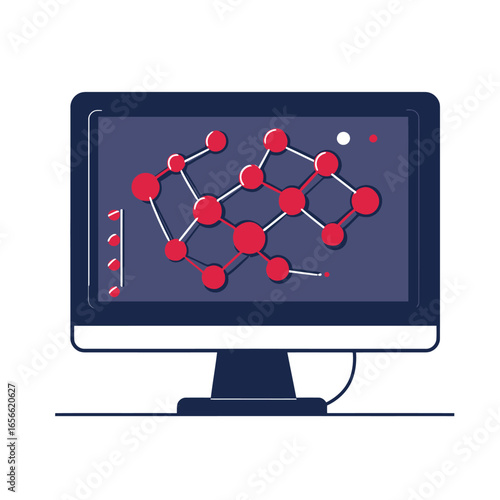 Desktop computer screen displaying molecular structure model with connected red atoms and data visualization elements flat vector illustration
