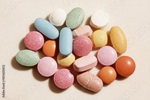 Assorted colorful pills on a light surface