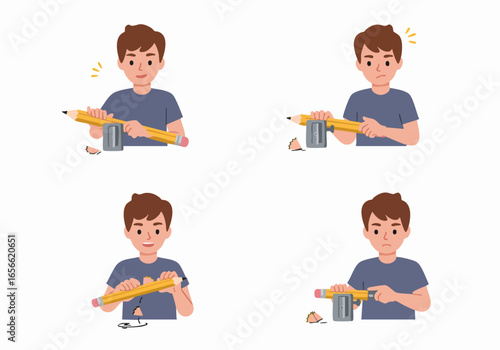 A young boy's journey of sharpening pencils, from successful new points to frustratingly short stubs, illustrating common school supply experiences.