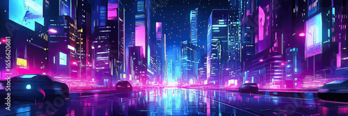 Futuristic neon cyberpunk cityscape with illuminated skyscrapers glowing blue and purple lights reflecting on wet streets at night in minimalist vector style