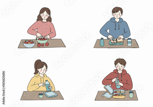 Illustrations of Young People Preparing and Packing Healthy Lunches and Snacks for Daily Life