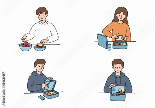 Young Adults Preparing and Packing Healthy Lunchboxes for Work or School, Promoting Homemade Meals and Sustainable Food Choices