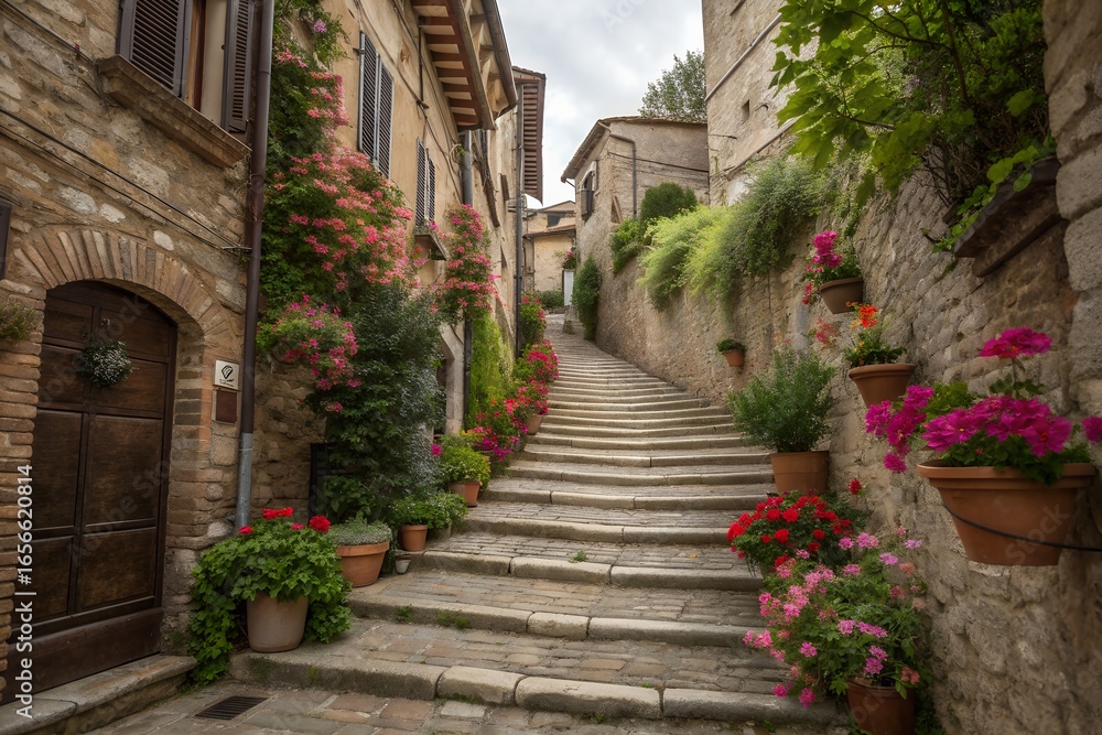 Fototapeta premium Charming narrow cobblestone street with blooming flowers and historic stone buildings in an old european town