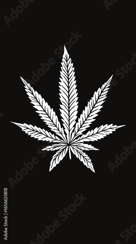 Black and white minimalist vector illustration of cannabis marijuana leaf with detailed serrated edges and symmetrical lobes on dark background