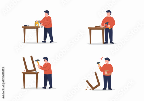 DIY Home Improvement Failure: A Man's Frustrating Attempt to Repair Furniture with Tools Leading to Broken Wood