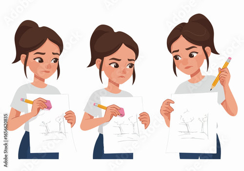 Girl Experiencing Creative Block and Erasing a Drawing, Showing Frustration and The Process of Artistic Revision