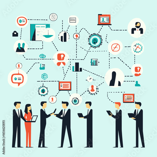 Business people communicating and collaborating using technology with interconnected icons representing communication, data, and workflow in flat vector style