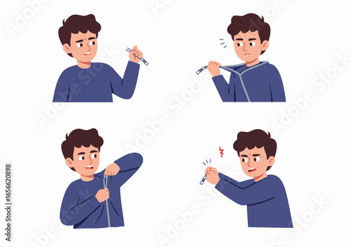 Frustrated Young Man Struggles with a Broken Zipper on His Blue Jacket, Expressing Annoyance and Anger in a Series of Illustrations.