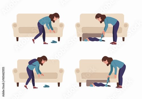 Illustration of a Woman Reaching Under Sofa to Retrieve Lost Item