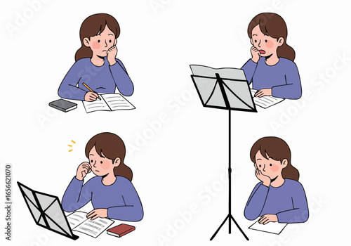 A young woman concentrating and thinking while studying and working, depicted in various poses.