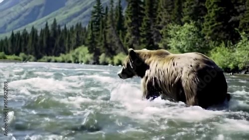 Two brown bears in river surrounded by forest