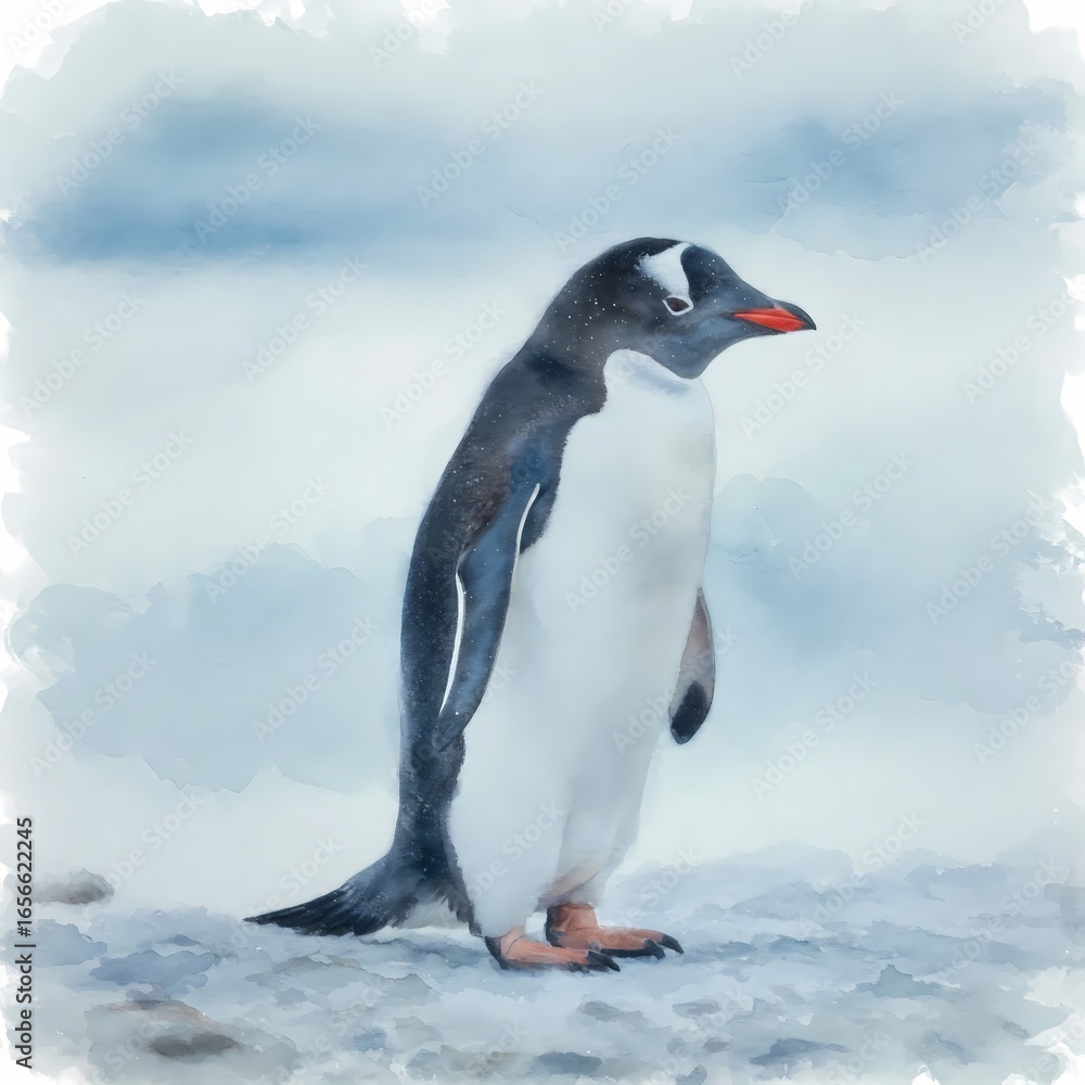 Fototapeta premium Watercolor Painting of a Gentoo Penguin Standing on Snowy Ground