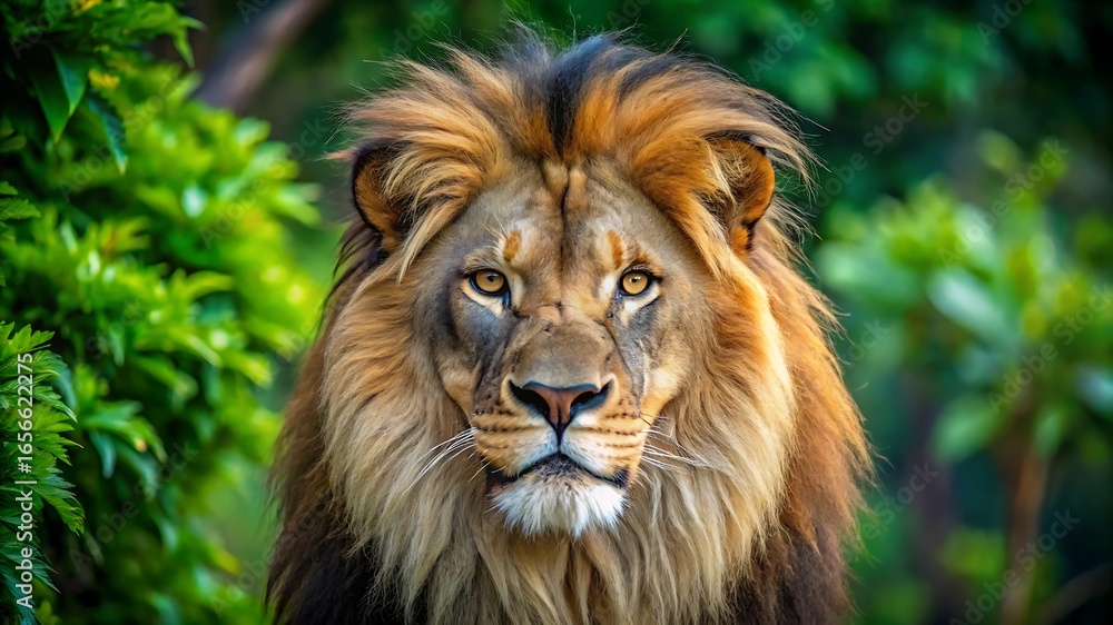 Obraz premium Closeup portrait of a majestic male lion with a full mane, looking intensely forward amidst lush green foliage in its natural habitat