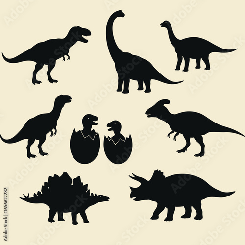 Dinosaur Silhouettes Collection With Baby Dinosaurs In Eggs