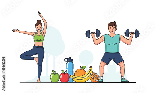 Man and woman exercising with fruits and a water bottle. A clean, modern vector illustration for a healthy lifestyle, diet, and fitness concepts.

