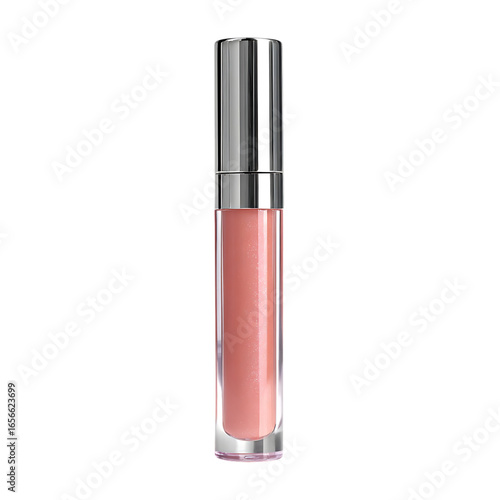 Pink lip gloss in a clear tube with a silver cap shown 