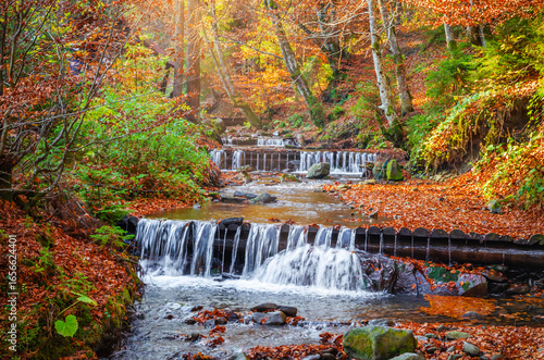 Beautiful autumn landscape with yellow trees and mountain waterfall