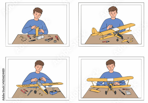 A man assembling a yellow model airplane through a series of four illustrated steps, showcasing a hobby and craftsmanship.