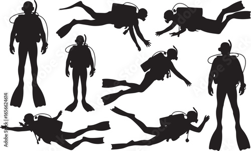 Silhouette Scuba Divers Collection Vector Illustration Underwater Activity