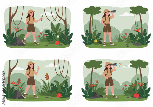 Female Explorer Adventures in the Lush Jungle: Observing Nature, Researching Plants, and Discovering New Wonders with a Monocular