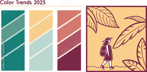 Vector art of a color trends 2025 graphic with a palette of colors and an illustration of a person walking