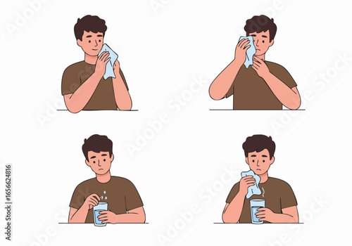 Man dealing with illness symptoms like headache and fever, taking medication and using a wet cloth for relief.