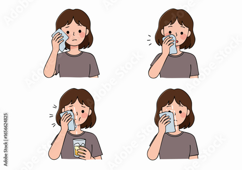 Cartoon Woman Sweating from Heat, Wiping Her Face, and Cooling Down with a Cold Drink.