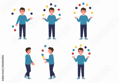 Happy Man Juggling Multicolored Spheres in Various Poses, Demonstrating Dexterity and Balance