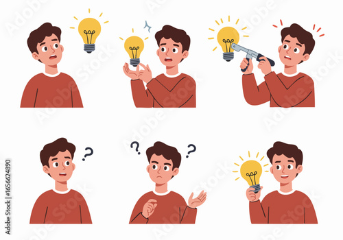 Visualizing the thought process: a man's journey from confusion and questions to innovative ideas and eureka moments.